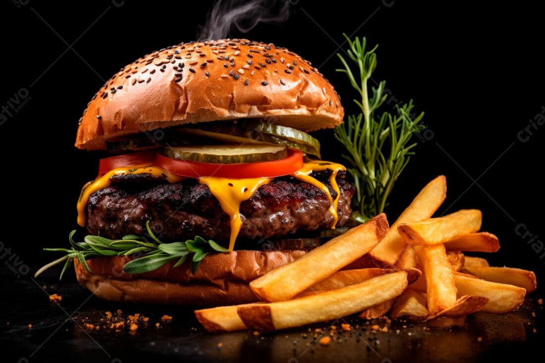Hambúrguer suculento com cheddar e batatas fritas