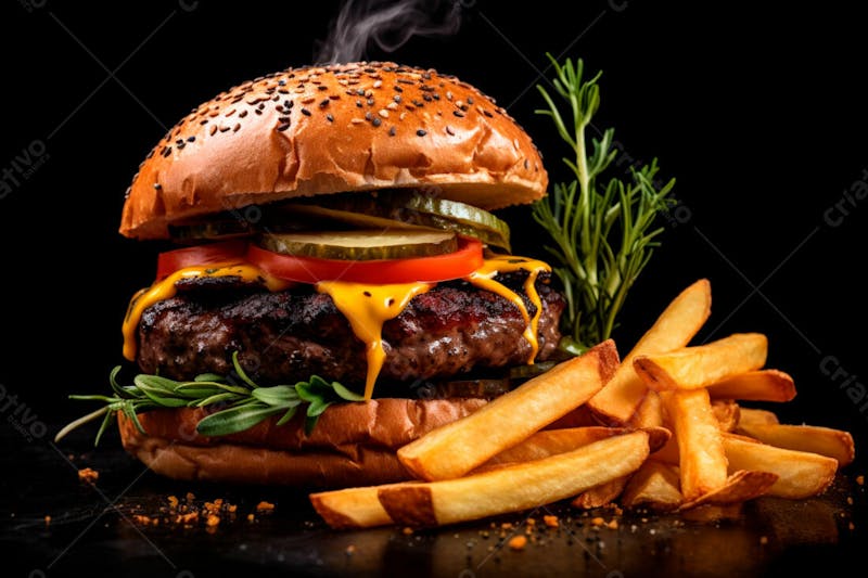 Imagem de um hambúrguer completo com batatas fritas crocantes, fundo preto 47