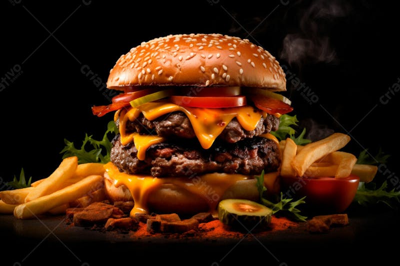 Imagem de um hambúrguer completo com batatas fritas crocantes, fundo preto 49