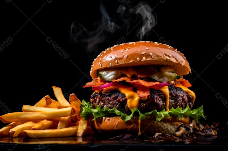 Imagem de um hambúrguer completo com batatas fritas crocantes, fundo preto 50