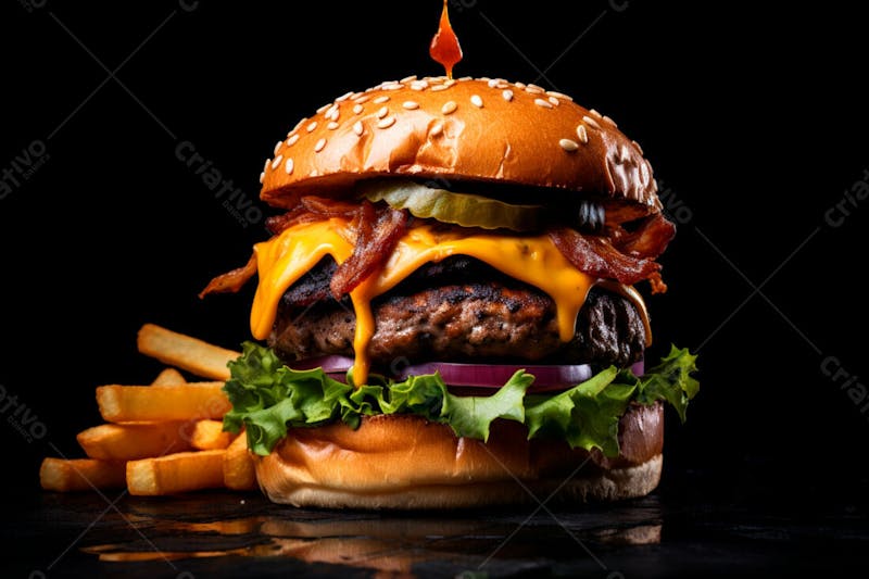 Imagem de um hambúrguer completo com batatas fritas crocantes, fundo preto 51