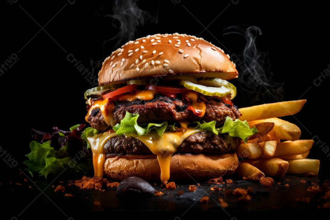 Duplo Cheeseburger suculento com batatas fritas