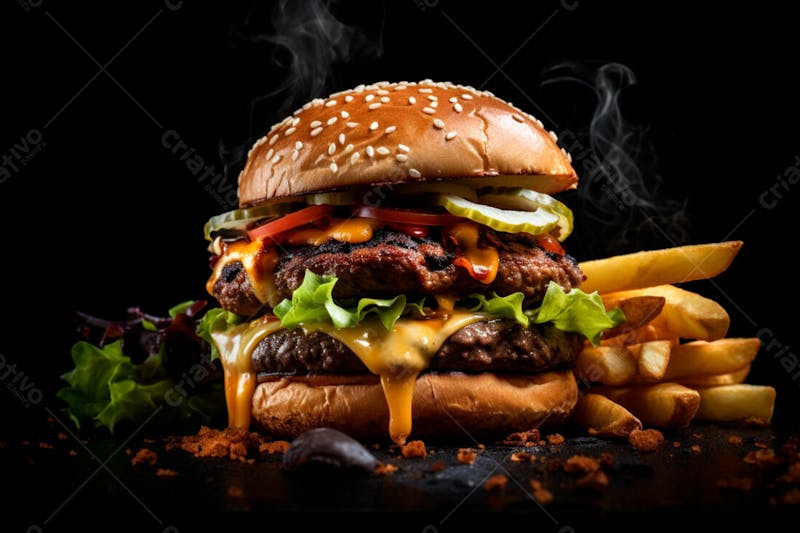 Imagem de um hambúrguer completo com batatas fritas crocantes, fundo preto 52