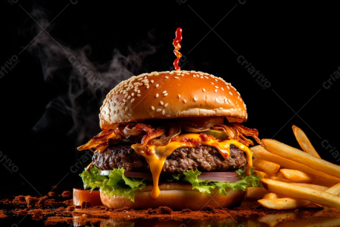 Hambúrguer suculento com bacon e fritas