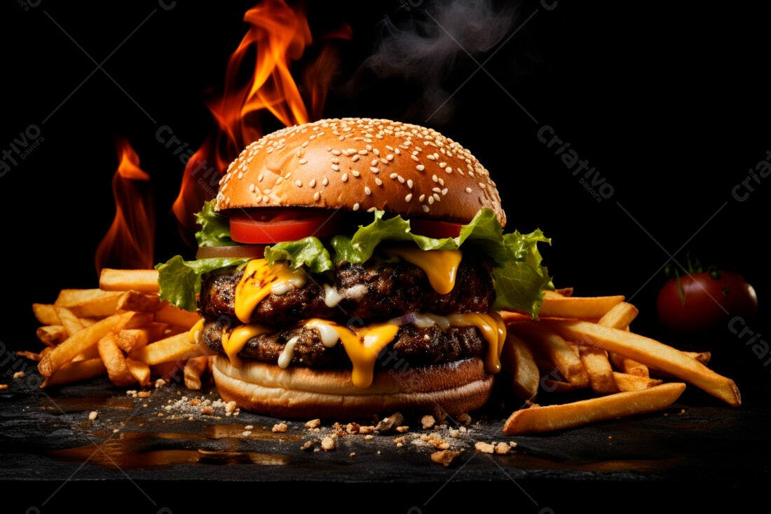 Duplo Cheeseburger com Batatas Fritas e Fogo