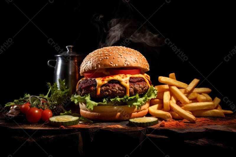 Imagem de um hambúrguer completo com batatas fritas crocantes, fundo preto 55