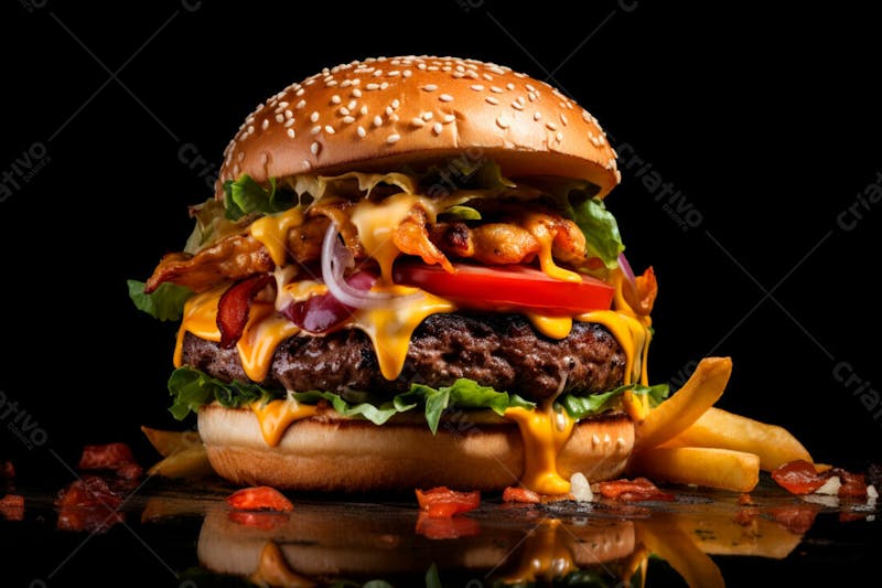 Imagem de um hambúrguer completo com batatas fritas crocantes, fundo preto 56