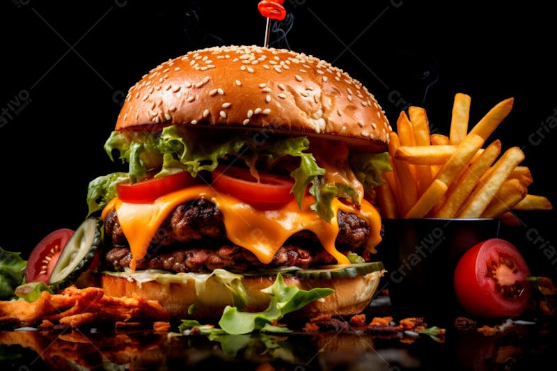 Imagem de um hambúrguer completo com batatas fritas crocantes, fundo preto 57