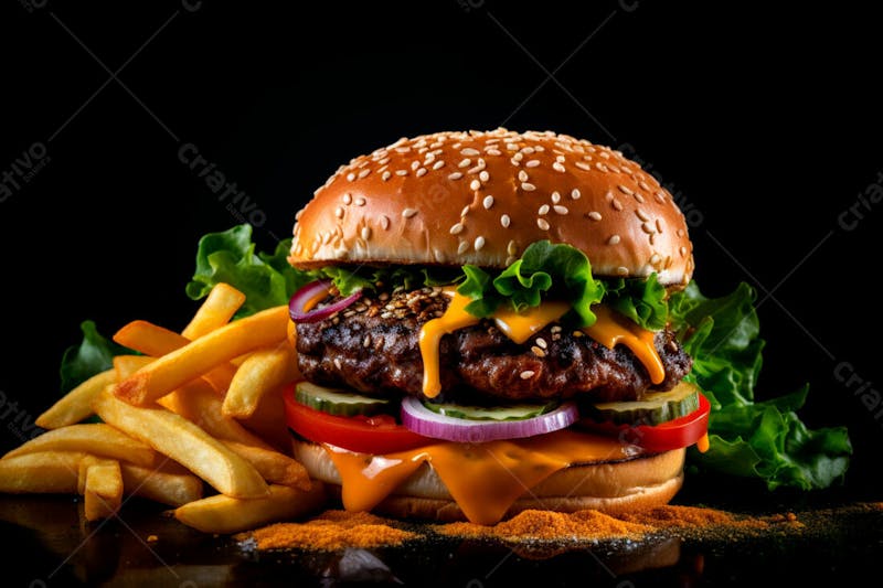 Imagem de um hambúrguer completo com batatas fritas crocantes, fundo preto 58