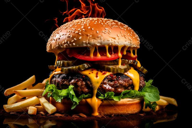 Imagem de um hambúrguer completo com batatas fritas crocantes, fundo preto 59