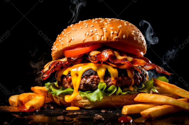 Imagem de um hambúrguer completo com batatas fritas crocantes, fundo preto 60