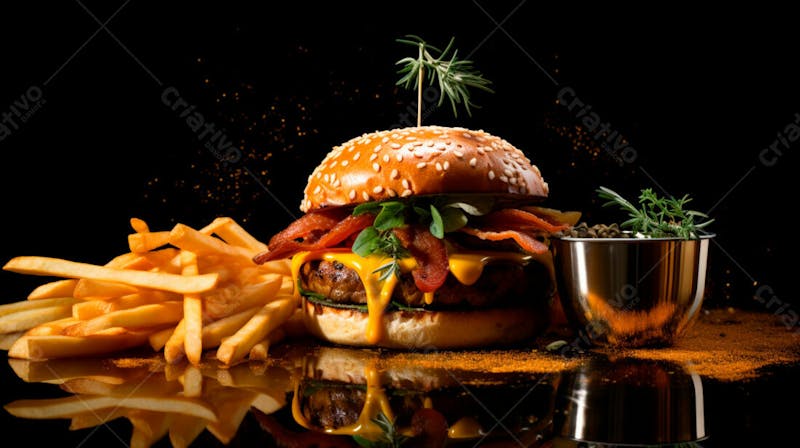 Imagem de um hambúrguer completo com batatas fritas crocantes, fundo preto 61