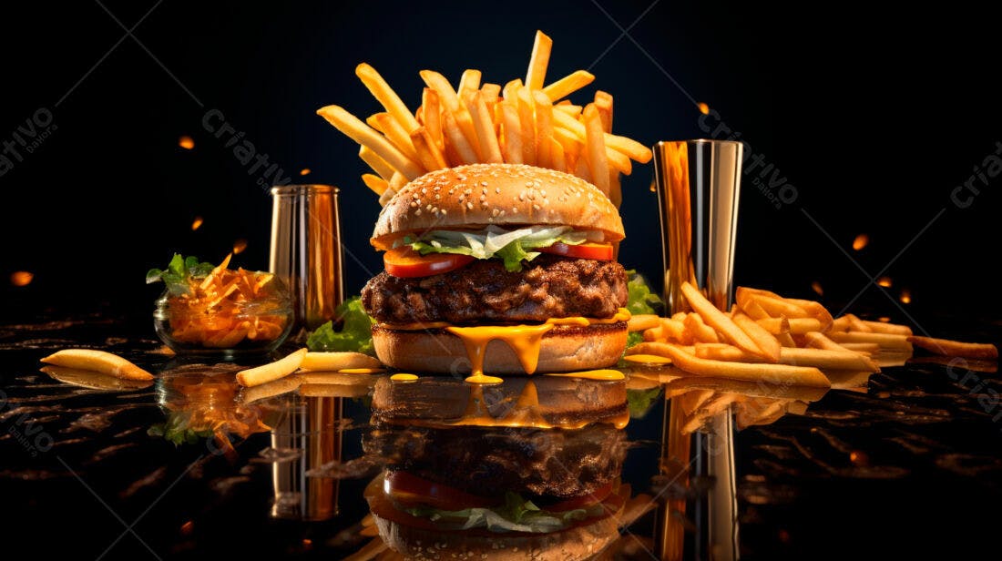 Hambúrguer suculento com batatas fritas