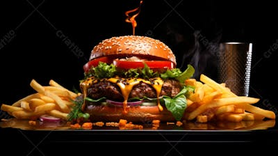  Imagem De Um Hambúrguer Completo Com Batatas Fritas Crocantes, Fundo Preto 63