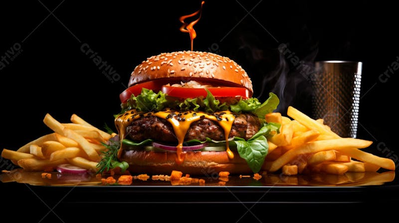 Imagem de um hambúrguer completo com batatas fritas crocantes, fundo preto 63