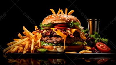  Imagem De Um Hambúrguer Completo Com Batatas Fritas Crocantes, Fundo Preto 64