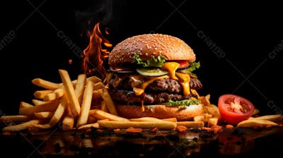  Imagem De Um Hambúrguer Completo Com Batatas Fritas Crocantes, Fundo Preto 65