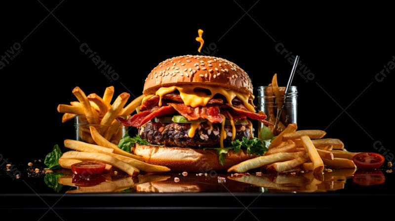 Imagem de um hambúrguer completo com batatas fritas crocantes, fundo preto 66