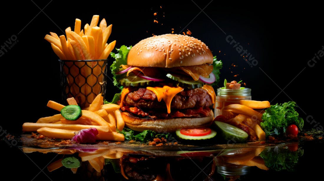 Hambúrguer suculento com batatas fritas