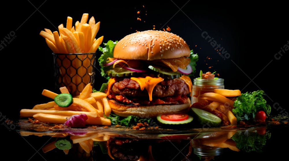 Imagem De Um Hambúrguer Completo Com Batatas Fritas Crocantes, Fundo Preto 67