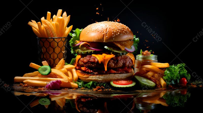 Imagem de um hambúrguer completo com batatas fritas crocantes, fundo preto 67