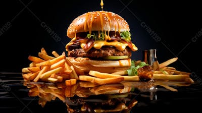  Imagem De Um Hambúrguer Completo Com Batatas Fritas Crocantes, Fundo Preto 68