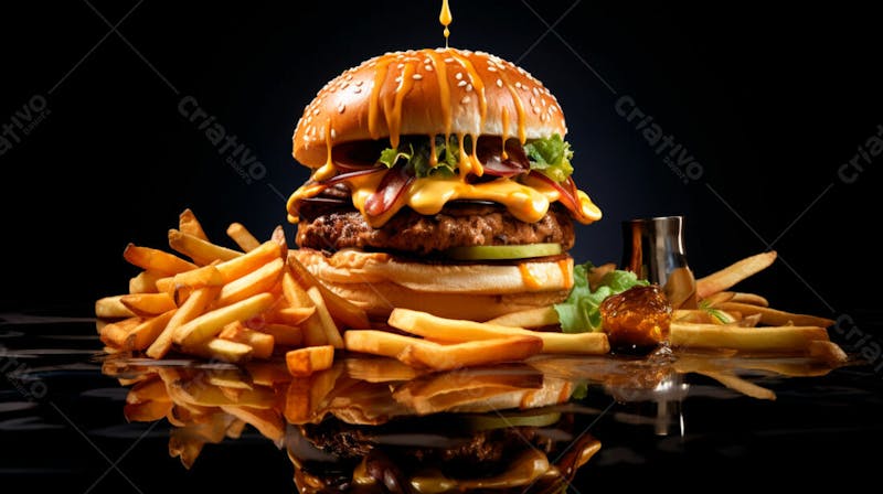 Imagem de um hambúrguer completo com batatas fritas crocantes, fundo preto 68