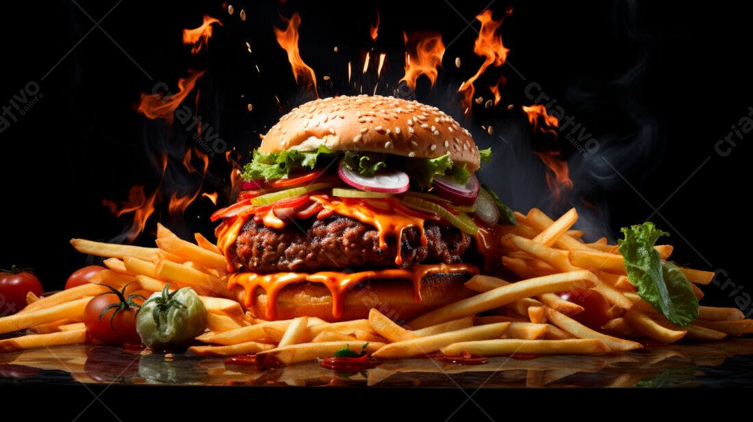 Hambúrguer suculento com fritas e chamas
