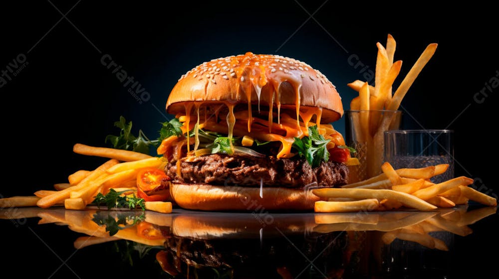  Imagem De Um Hambúrguer Completo Com Batatas Fritas Crocantes, Fundo Preto 70