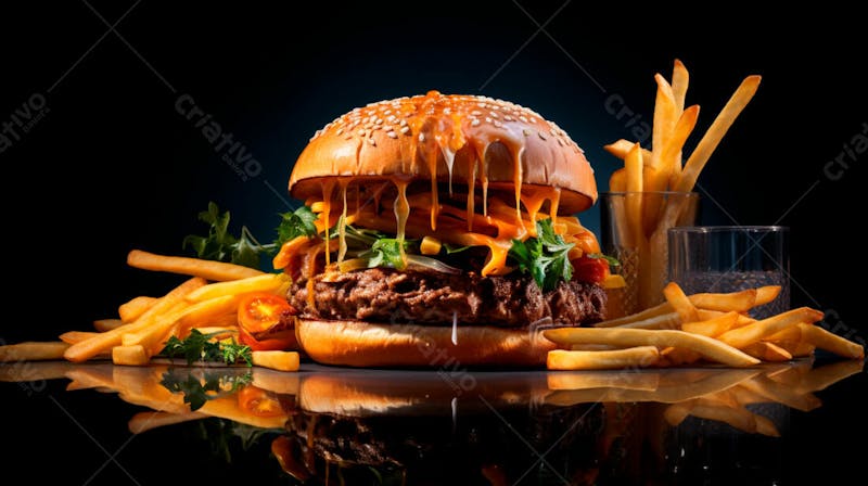 Imagem de um hambúrguer completo com batatas fritas crocantes, fundo preto 70