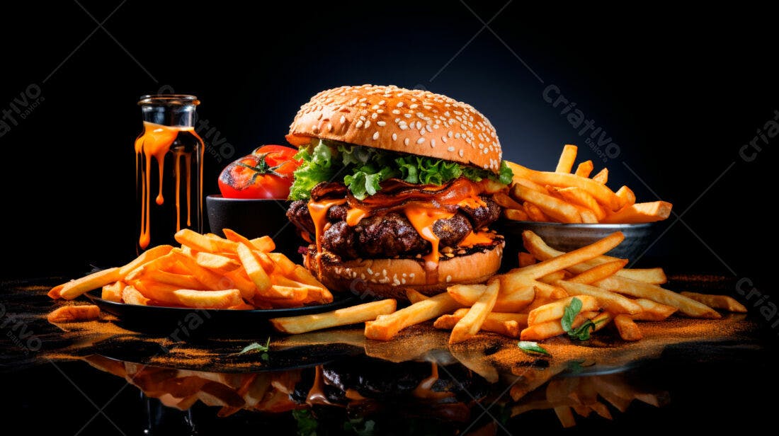 Hambúrguer suculento com bacon e batatas fritas