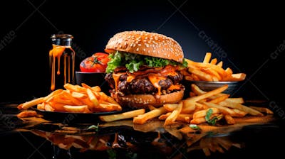  Imagem De Um Hambúrguer Completo Com Batatas Fritas Crocantes, Fundo Preto 71