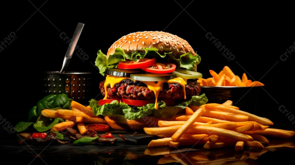  Imagem De Um Hambúrguer Completo Com Batatas Fritas Crocantes, Fundo Preto 72