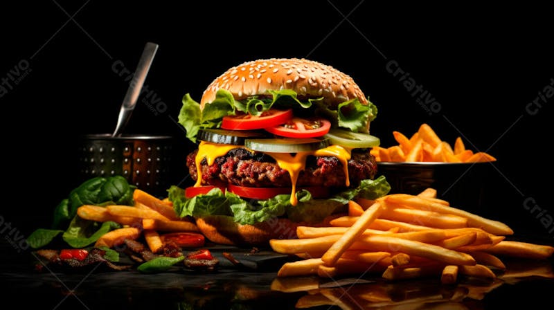 Imagem de um hambúrguer completo com batatas fritas crocantes, fundo preto 72