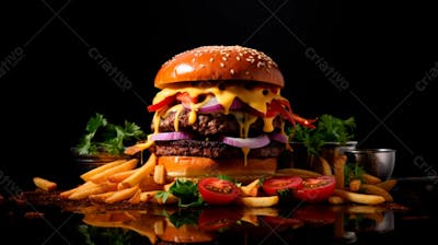 Imagem De Um Hambúrguer Completo Com Batatas Fritas Crocantes, Fundo Preto 73