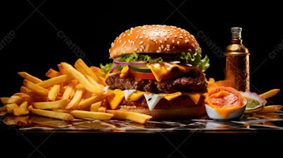  Imagem De Um Hambúrguer Completo Com Batatas Fritas Crocantes, Fundo Preto 74