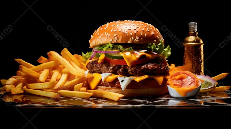 Imagem de um hambúrguer completo com batatas fritas crocantes, fundo preto 74