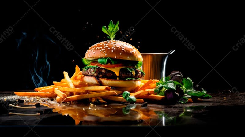Imagem de um hambúrguer completo com batatas fritas crocantes, fundo preto 75