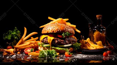  Imagem De Um Hambúrguer Completo Com Batatas Fritas Crocantes, Fundo Preto 76