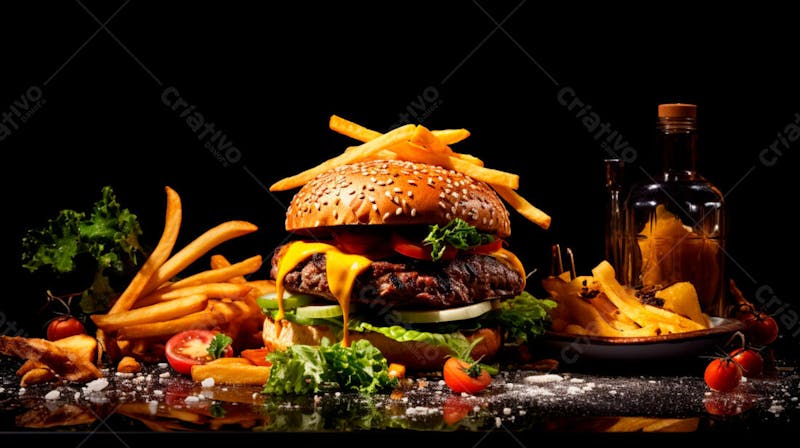 Imagem de um hambúrguer completo com batatas fritas crocantes, fundo preto 76