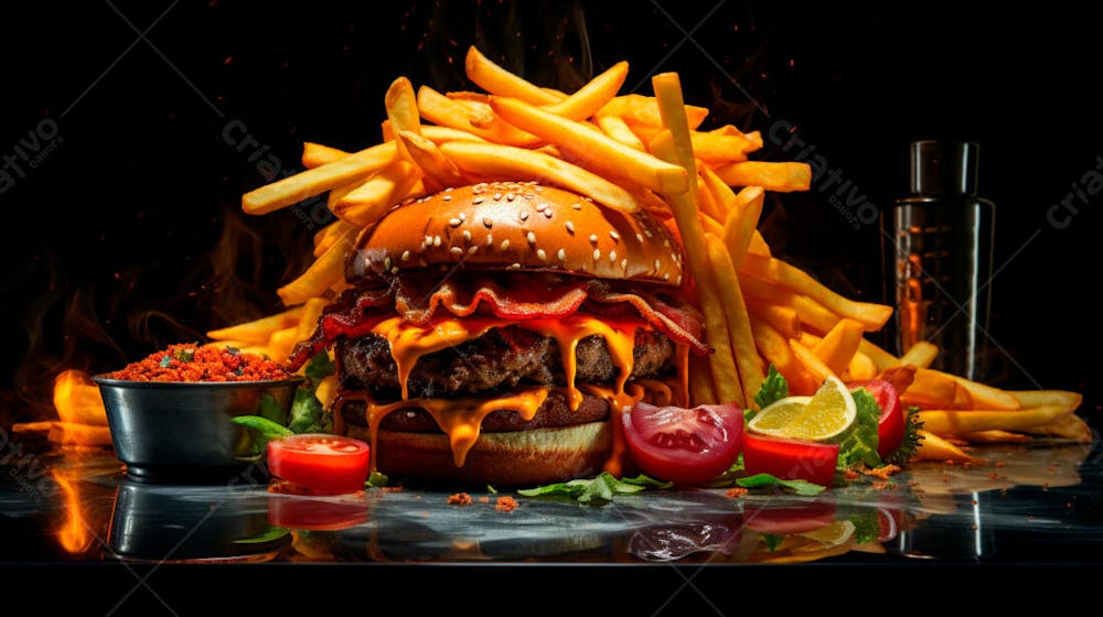  Imagem De Um Hambúrguer Completo Com Batatas Fritas Crocantes, Fundo Preto 77