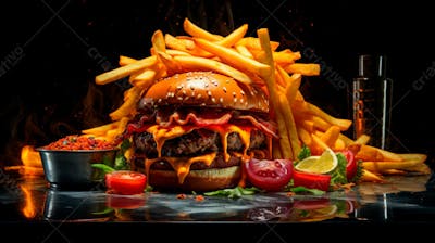  Imagem De Um Hambúrguer Completo Com Batatas Fritas Crocantes, Fundo Preto 77