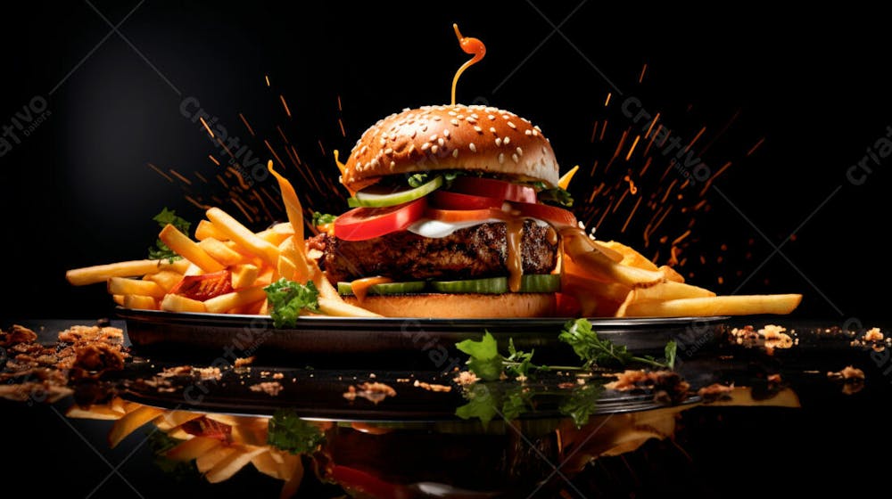  Imagem De Um Hambúrguer Completo Com Batatas Fritas Crocantes, Fundo Preto 78