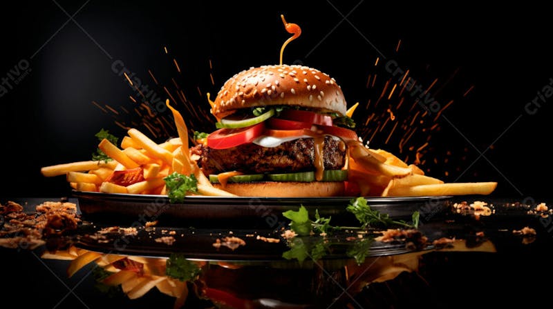 Imagem de um hambúrguer completo com batatas fritas crocantes, fundo preto 78