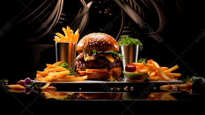  Imagem De Um Hambúrguer Completo Com Batatas Fritas Crocantes, Fundo Preto 79