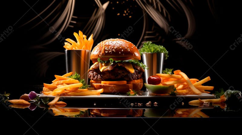 Imagem de um hambúrguer completo com batatas fritas crocantes, fundo preto 79