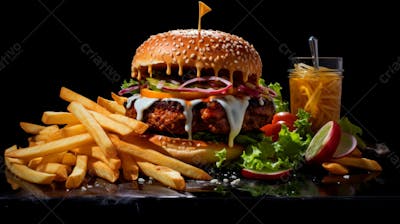  Imagem De Um Hambúrguer Completo Com Batatas Fritas Crocantes, Fundo Preto 80