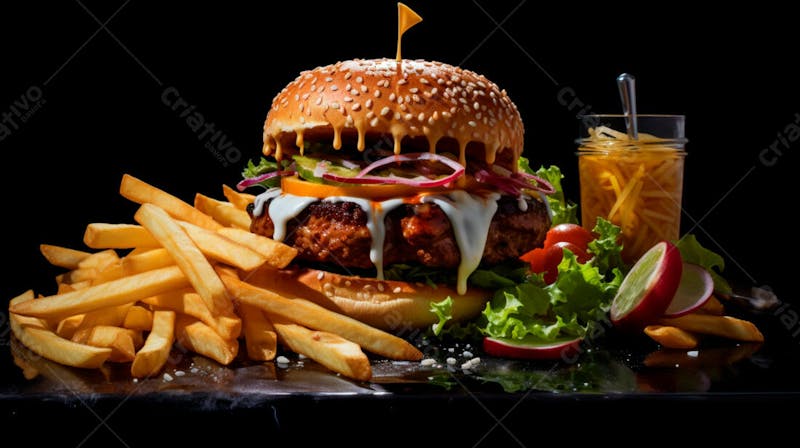Imagem de um hambúrguer completo com batatas fritas crocantes, fundo preto 80