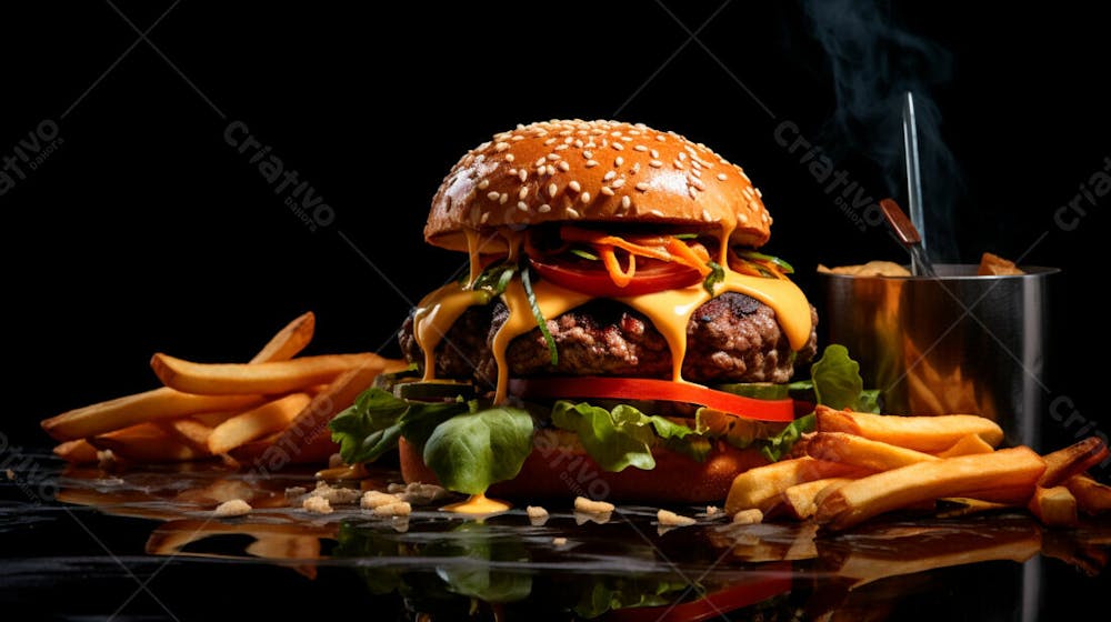  Imagem De Um Hambúrguer Completo Com Batatas Fritas Crocantes, Fundo Preto 81