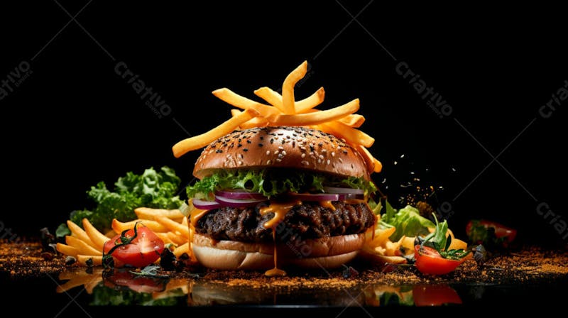 Imagem de um hambúrguer completo com batatas fritas crocantes, fundo preto 82